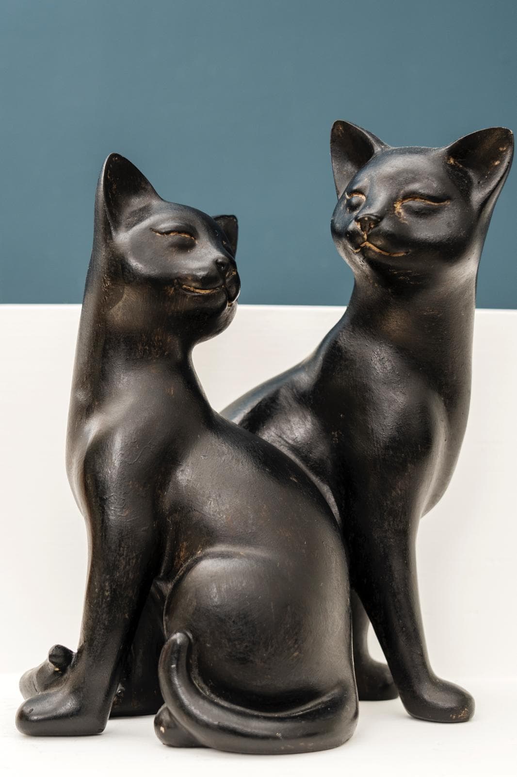 Dettaglio: le due statuette di gatti neri sul fondo blu Capri del salone